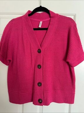 Short-Sleeve Waffle Knit Cardigan Sweater in Bright Pink